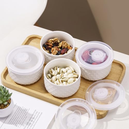 Mosuji 10 oz Set of 4 Oven-Safe Porcelain Ramekins with Lids, Large White Souffle and Creme Brulee Baking Dishes, Ramekin Bowls for Sauce and Dessert - Image 5