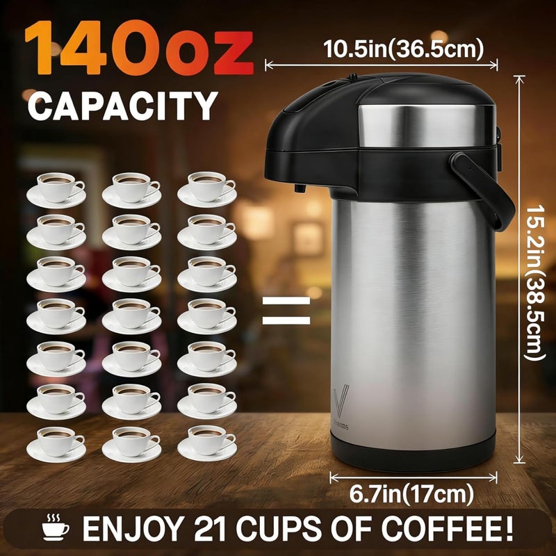 Vondior Airpot Coffee Dispenser with Pump - 140 oz Insulated Stainless Steel Coffee Carafe - Thermal Beverage Dispenser - Coffee Urn for Hot/Cold Water, Party Chocolate Drinks - Image 3