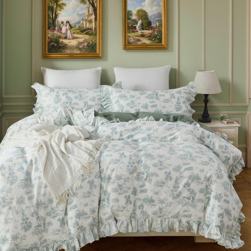Brandream French Country Garden Toile Floral Printed Duvet Quilt Cover King Size 100% Cotton Bedding Set Vintage Sage Green Toile Tapestry Pattern Blossom Tree Branches Delicate Ruffle Fringe Design - Image 3
