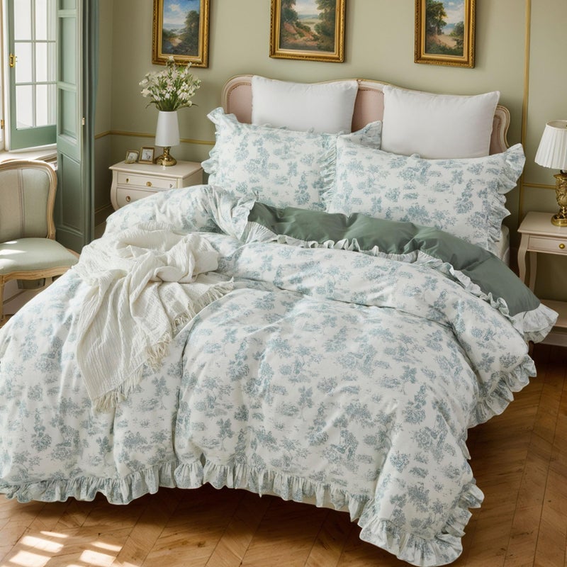 Brandream French Country Garden Toile Floral Printed Duvet Quilt Cover King Size 100% Cotton Bedding Set Vintage Sage Green Toile Tapestry Pattern Blossom Tree Branches Delicate Ruffle Fringe Design - Image 5