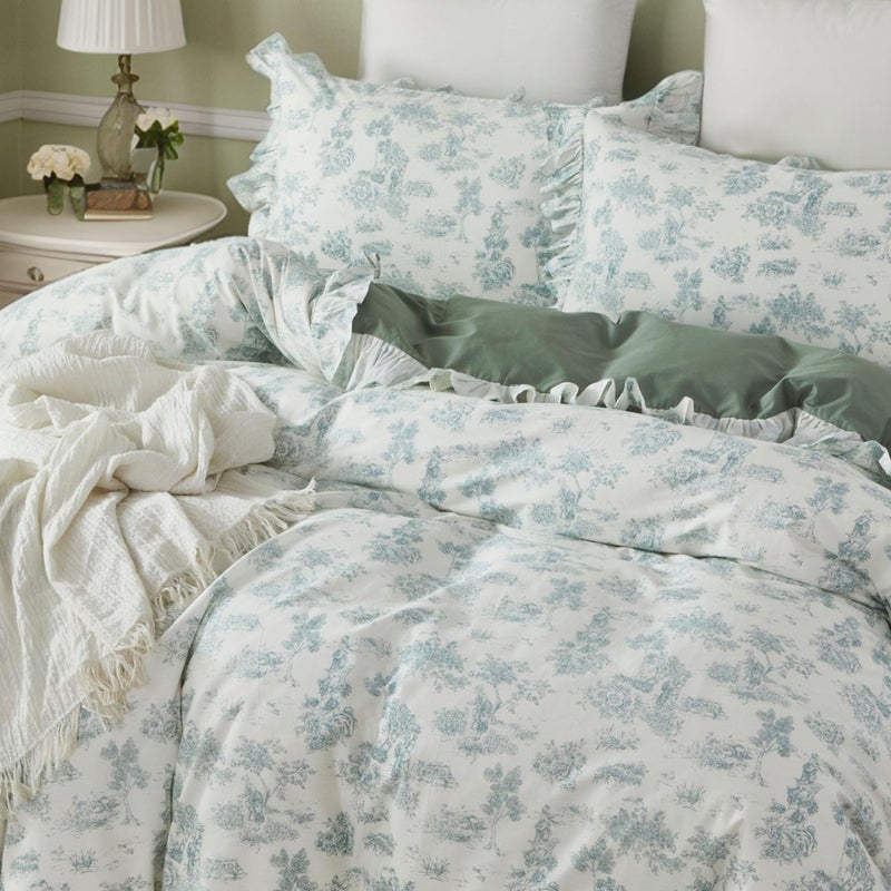 Brandream French Country Garden Toile Floral Printed Duvet Quilt Cover King Size 100% Cotton Bedding Set Vintage Sage Green Toile Tapestry Pattern Blossom Tree Branches Delicate Ruffle Fringe Design - Image 4