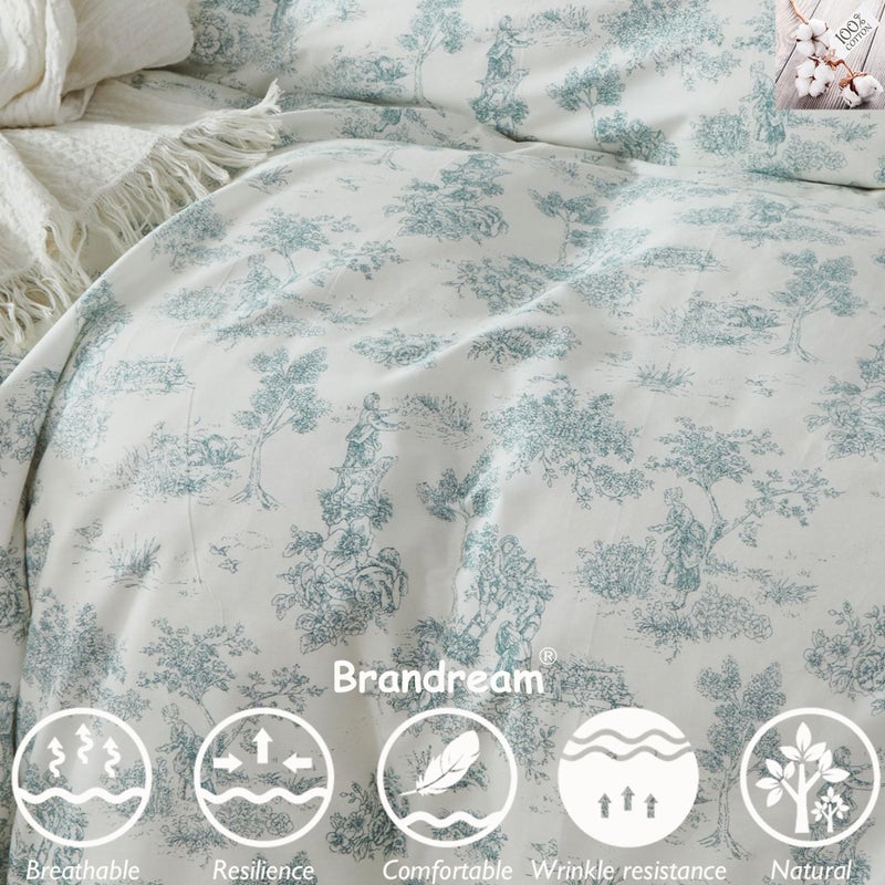 Brandream French Country Garden Toile Floral Printed Duvet Quilt Cover King Size 100% Cotton Bedding Set Vintage Sage Green Toile Tapestry Pattern Blossom Tree Branches Delicate Ruffle Fringe Design - Image 2