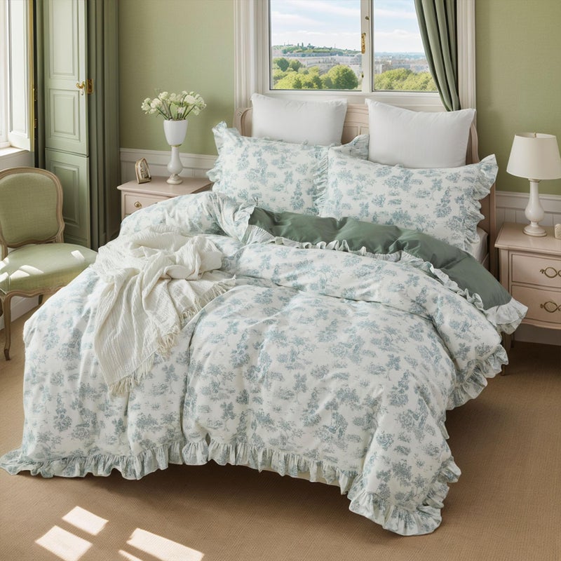 Brandream French Country Garden Toile Floral Printed Duvet Quilt Cover King Size 100% Cotton Bedding Set Vintage Sage Green Toile Tapestry Pattern Blossom Tree Branches Delicate Ruffle Fringe Design - Image 1