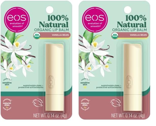 eos 100 Natural  Organic Lip Balm Stick Vanilla Bean  Dermatologist Recommended for Sensitive Skin  AllDay Moisture Lip Care Products  014 oz Pack of 2