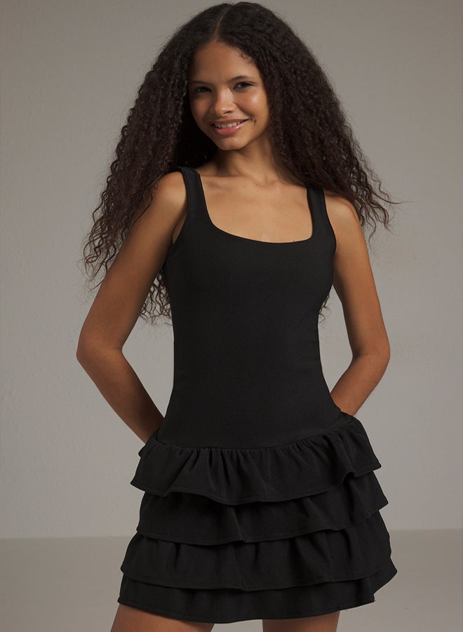 trendyol Black Plain Flounce / Frill Short / Mini Flexible Knit Dress - Image 2
