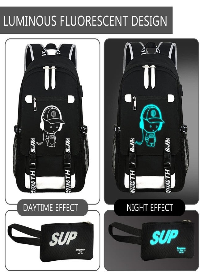 ASXMA Luminous Pattern Travel Laptop Backpack - Adjustable Shoulder Strap Waterproof Black Backpack With Usb Charging Port & Headphone Port School Backpack Includes Pencil Bag,combination Lock - Image 2