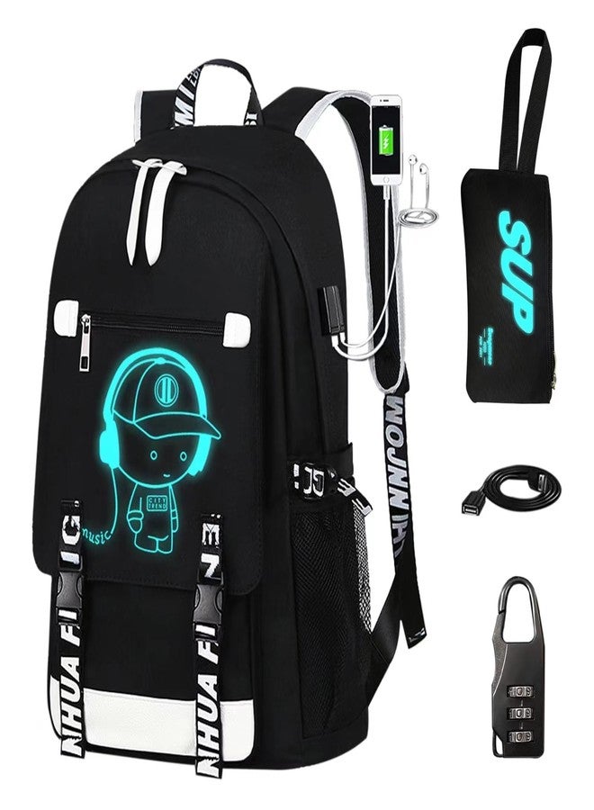 ASXMA Luminous Pattern Travel Laptop Backpack - Adjustable Shoulder Strap Waterproof Black Backpack With Usb Charging Port & Headphone Port School Backpack Includes Pencil Bag,combination Lock - Image 1