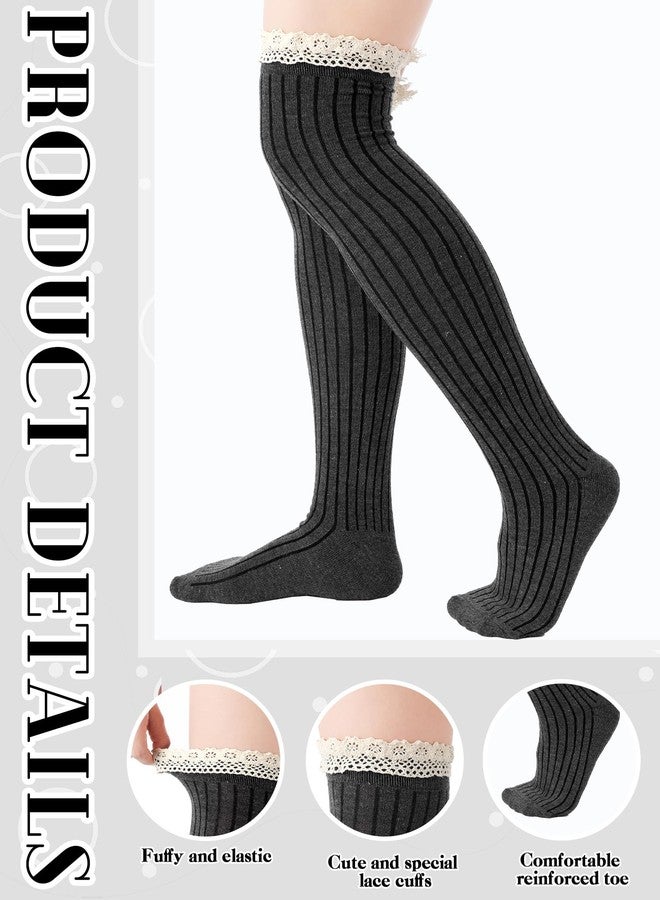 جوارب نسائية من القطن المحبوك من فورلوو، 3 أزواج، جوارب طويلة تصل إلى الركبة مزينة بالدانتيل، جوارب فضفاضة مكدسة، مقاس حر (أسود، رمادي داكن، أزرق كحلي) - Image 5