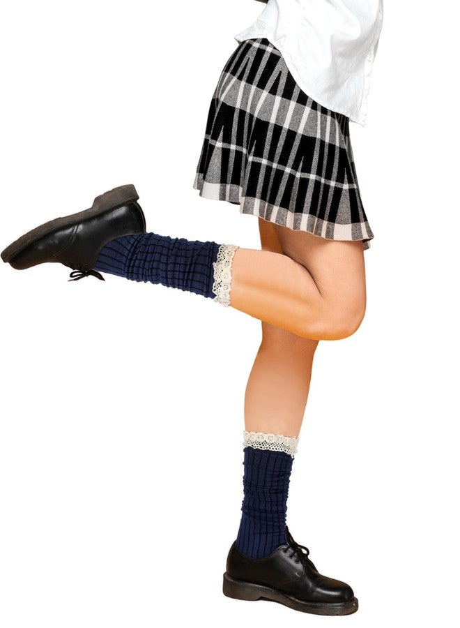 جوارب نسائية من القطن المحبوك من فورلوو، 3 أزواج، جوارب طويلة تصل إلى الركبة مزينة بالدانتيل، جوارب فضفاضة مكدسة، مقاس حر (أسود، رمادي داكن، أزرق كحلي) - Image 2