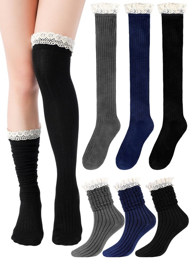 جوارب نسائية من القطن المحبوك من فورلوو، 3 أزواج، جوارب طويلة تصل إلى الركبة مزينة بالدانتيل، جوارب فضفاضة مكدسة، مقاس حر (أسود، رمادي داكن، أزرق كحلي) - Image 1