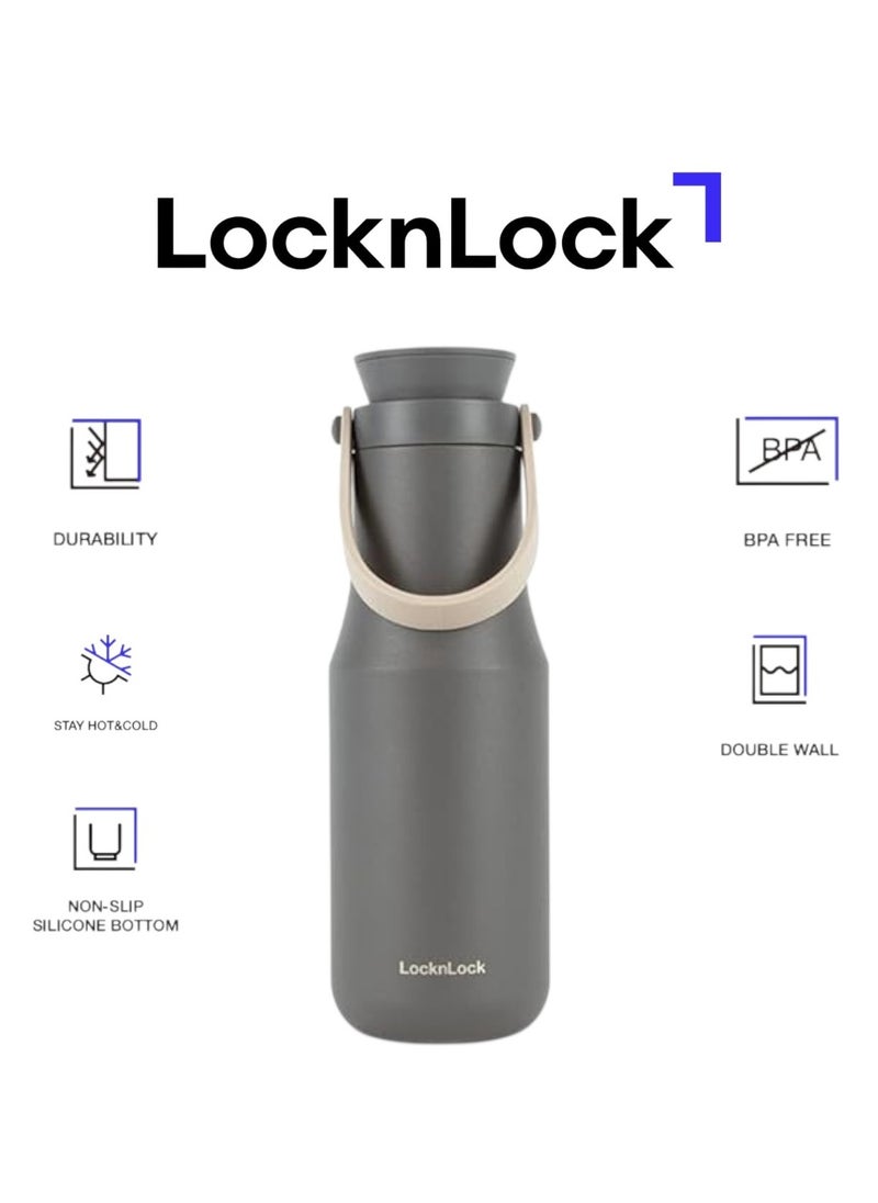 LOCK & LOCK LocknLock Stainless Steel Metro Double Tumbler 470ml – Stylish Grey Travel Mug with Handy Strap  - Image 1