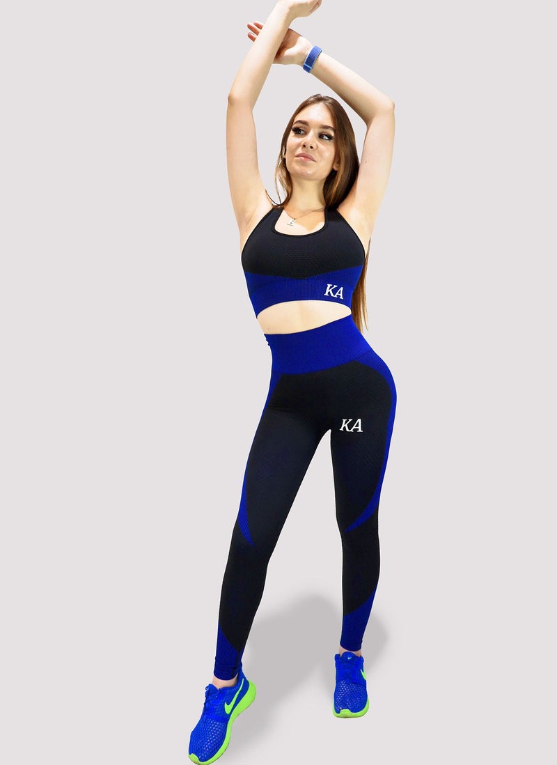 KIDWALA ACTIVE Kidwala Flux Set With Jacket - High Waisted Lift Shaping Legging with Sports Bra with Thumb Hole Front Zipper Crop Jacket Tracksuit Workout Gym Yoga Outfit for Women (Small, Black & Blue) - Image 2