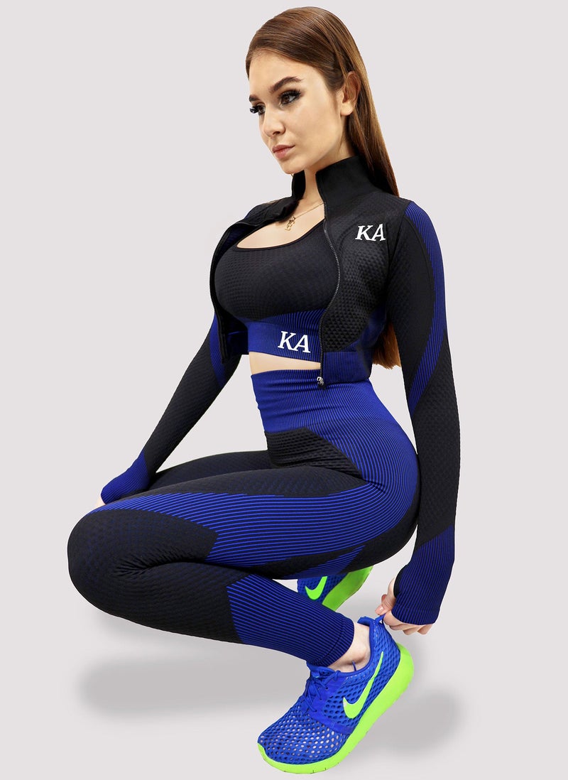 KIDWALA ACTIVE Kidwala Flux Set With Jacket - High Waisted Lift Shaping Legging with Sports Bra with Thumb Hole Front Zipper Crop Jacket Tracksuit Workout Gym Yoga Outfit for Women (Small, Black & Blue) - Image 1