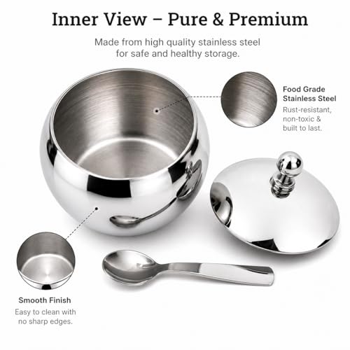 KC Stainless Steel Ghee Pot/Pickle Container 500 ML with Spoon | Multipurpose Storage Jar | Food Grade, Mirror Finish Set of 1 - Image 4