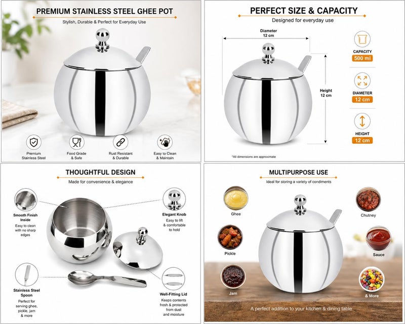 KC Stainless Steel Ghee Pot/Pickle Container 500 ML with Spoon | Multipurpose Storage Jar | Food Grade, Mirror Finish Set of 1 - Image 3