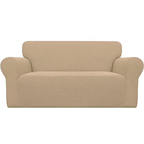 EasyGoing Stretch Oversized Loveseat Slipcover 1Piece Sofa Cover Furniture Protector Couch Soft with Elastic Bottom for Kids Polyester Spandex Jacquard Fabric Small Checks Sand