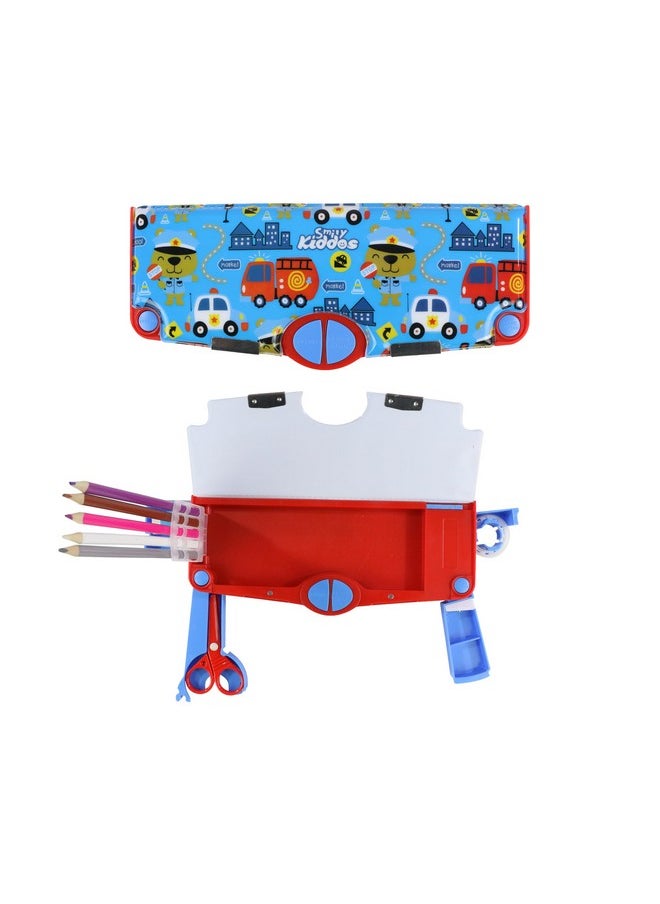 SMILY KIDDOS Smily Kiddos Multi Functional Pop Out Pencil Box for Kids Stationery for Children | 24.5 x 4 x 10cm | - Police Theme - Blue  - Image 1