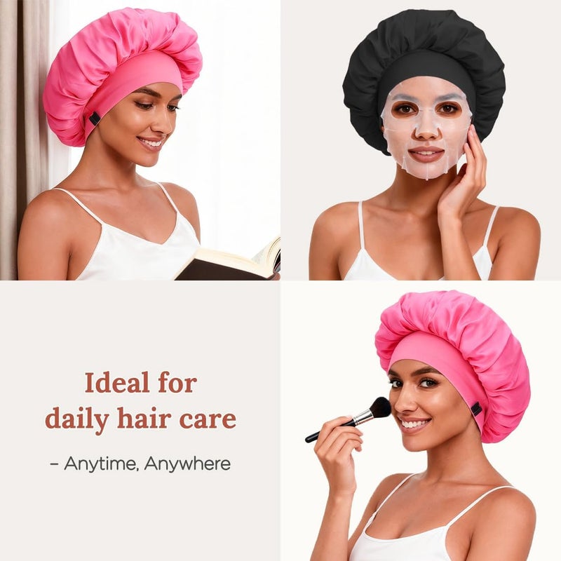 BE BIGEDDIE 2Pcs Bonnet for Sleeping Women, Satin Adjustable Silk Hair Bonnet for Sleeping, Wide Band Sleep Caps for Curly Hair, Black & Rose Red - Image 5