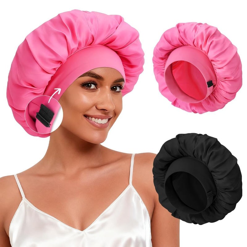 BE BIGEDDIE 2Pcs Bonnet for Sleeping Women, Satin Adjustable Silk Hair Bonnet for Sleeping, Wide Band Sleep Caps for Curly Hair, Black & Rose Red - Image 1