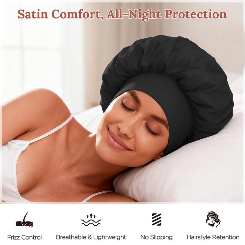 BE BIGEDDIE 2Pcs Bonnet for Sleeping Women, Satin Adjustable Silk Hair Bonnet for Sleeping, Wide Band Sleep Caps for Curly Hair, Black & Rose Red - Image 4