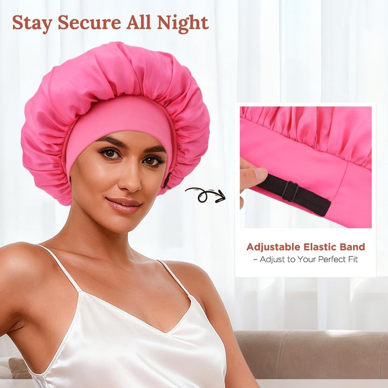 BE BIGEDDIE 2Pcs Bonnet for Sleeping Women, Satin Adjustable Silk Hair Bonnet for Sleeping, Wide Band Sleep Caps for Curly Hair, Black & Rose Red - Image 2