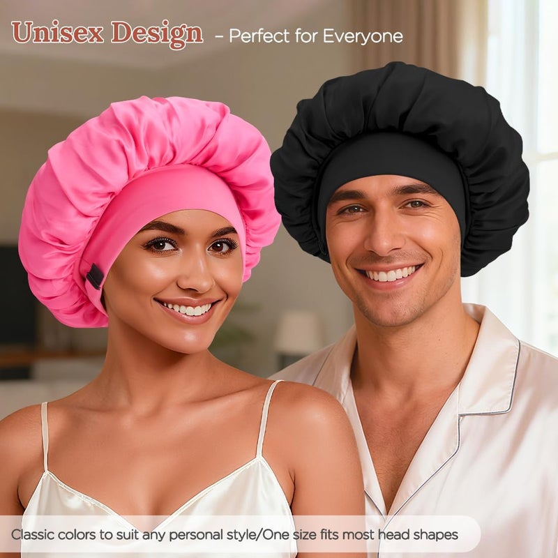 BE BIGEDDIE 2Pcs Bonnet for Sleeping Women, Satin Adjustable Silk Hair Bonnet for Sleeping, Wide Band Sleep Caps for Curly Hair, Black & Rose Red - Image 3