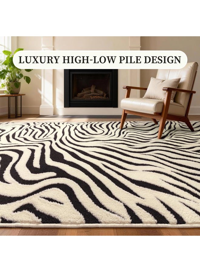 YIHOUSE 5×7 Ft Area Rugs for Living Room: Modern Washable Rug - Abstract Black and Cream White Rug for Bedroom Dining Room Office Playroom Nursery Home Decor - Nonslip Non-Shedding Striped Rugs - Image 2