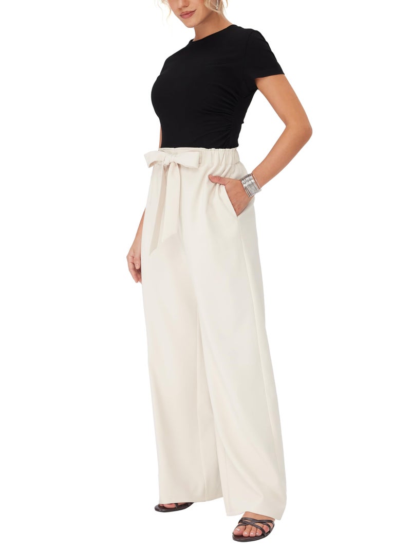 CIDER Women Wide Leg Pants Tie Knotted Mid Waisted Business Casual Outfits White - Image 2