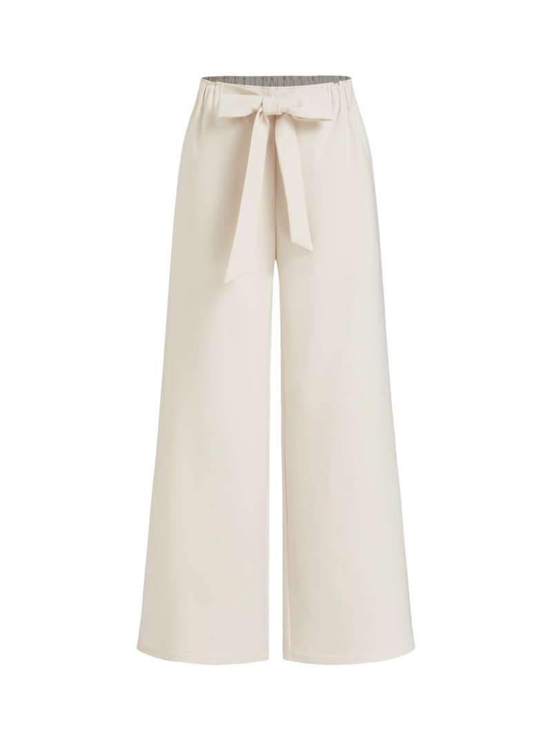 CIDER Women Wide Leg Pants Tie Knotted Mid Waisted Business Casual Outfits White - Image 1