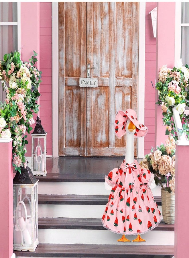 FuWeave طقم ملابس إوزة الشرفة من FuWeave بتصميم الفراولة، مناسب لتمثال إوزة بلاستيكي أو إسمنتي بطول 23 بوصة، تنورة فراولة لطيفة، زي صيفي لتزيين الحديقة والفناء الخارجي. - Image 4