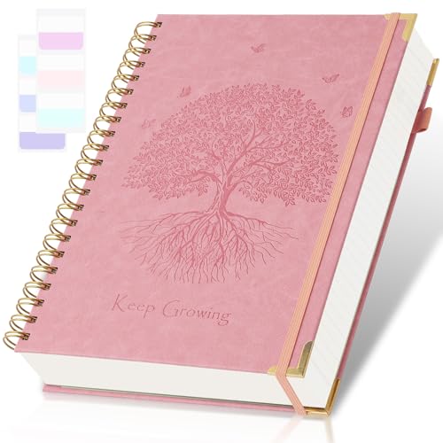 Amanple Spiral Notebook, College Ruled Notebook, 8.5" x 11", 300 Pages Leather Journals for Writing, A4 Hardcover Journaling Notebooks for Work School, 24pcs Tabs, Large Embossed Journal for Women Men, Pink - Image 1