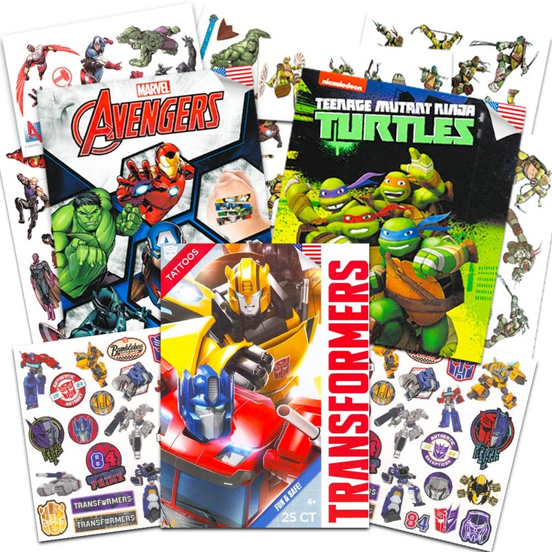 TRANSFORMERS Superhero Temporary Tattoos for Boys Kids Party Bundle 175 Licensed Tattoos with Stickers Featuring Transformers Marvel Avengers and Teenage Mutant Ninja Turtles Party Supplies