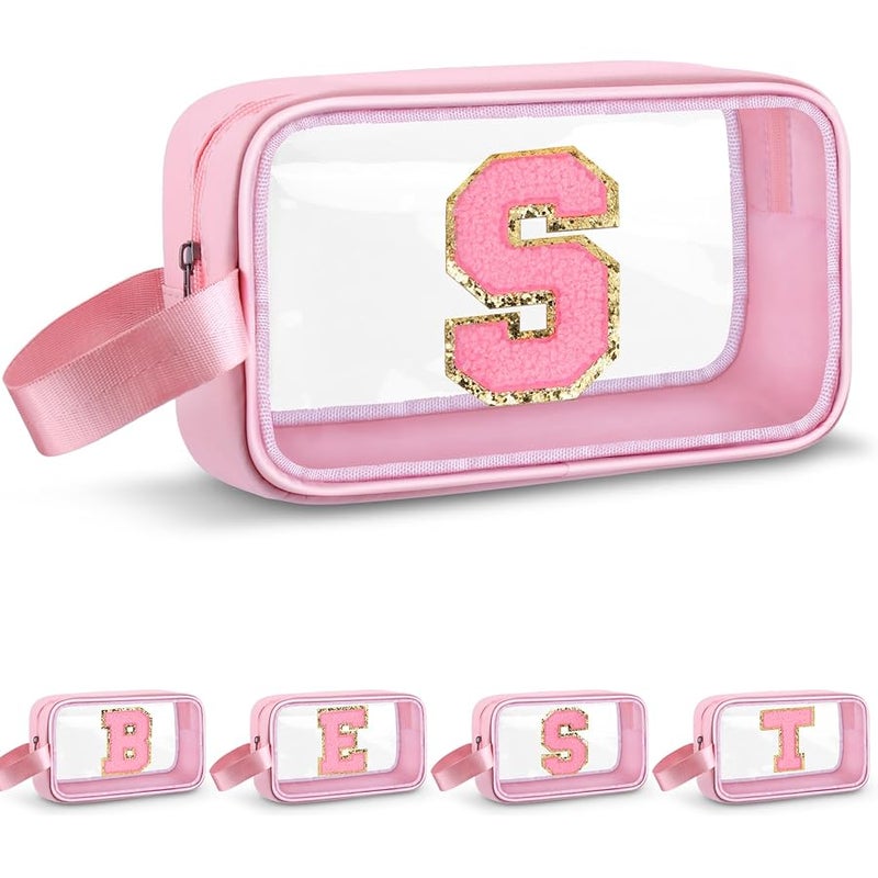 Initial Makeup Bag,Letter S Cute Clear Monogrammed Cosmetic Travel Bag for Womens Girls,Personalized Pink Aesthetic Traveling Make Up Organizer Bag for Beach,Waterproof Toiletry Bag - Image 1