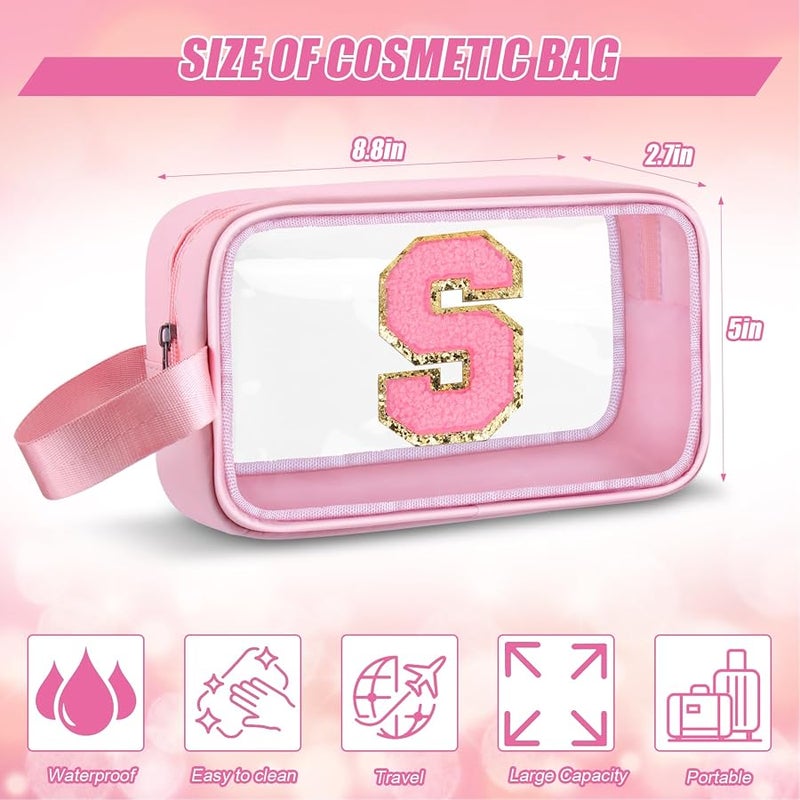 Initial Makeup Bag,Letter S Cute Clear Monogrammed Cosmetic Travel Bag for Womens Girls,Personalized Pink Aesthetic Traveling Make Up Organizer Bag for Beach,Waterproof Toiletry Bag - Image 2