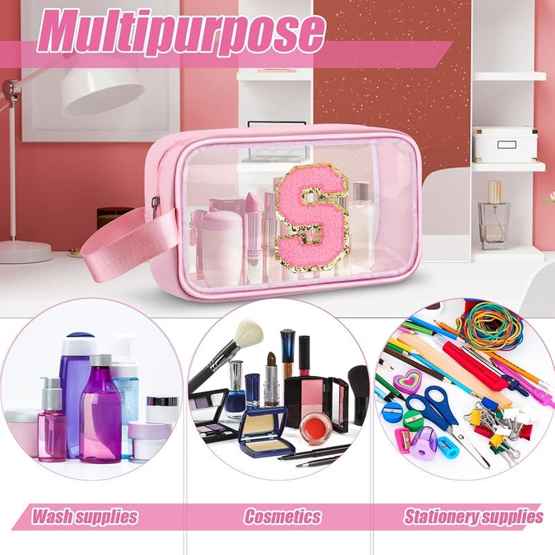 Initial Makeup Bag,Letter S Cute Clear Monogrammed Cosmetic Travel Bag for Womens Girls,Personalized Pink Aesthetic Traveling Make Up Organizer Bag for Beach,Waterproof Toiletry Bag - Image 4