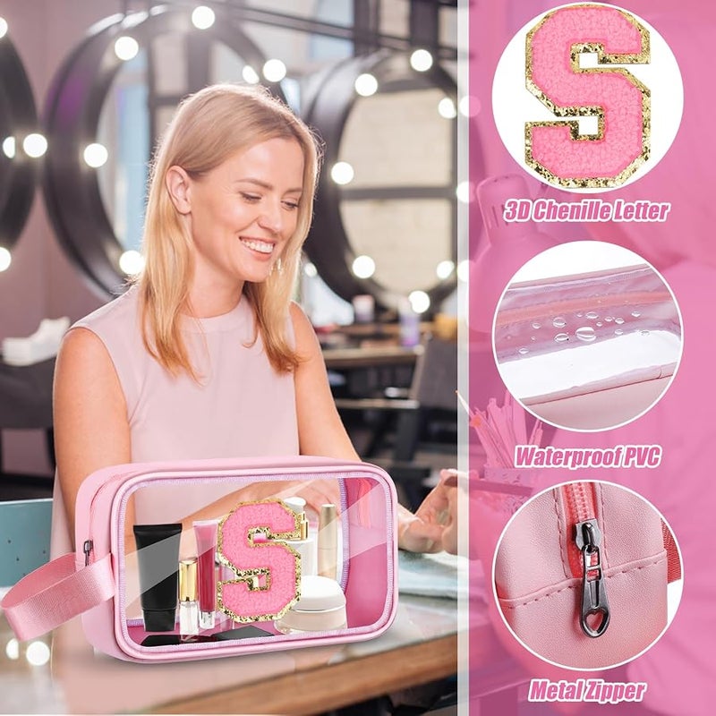 Initial Makeup Bag,Letter S Cute Clear Monogrammed Cosmetic Travel Bag for Womens Girls,Personalized Pink Aesthetic Traveling Make Up Organizer Bag for Beach,Waterproof Toiletry Bag - Image 3