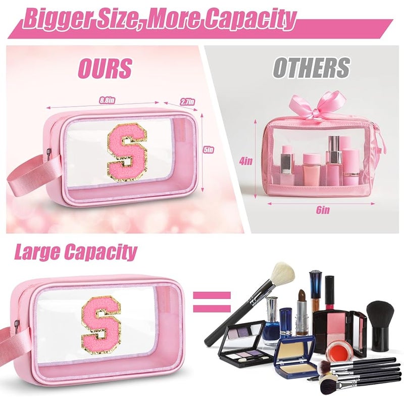 Initial Makeup Bag,Letter S Cute Clear Monogrammed Cosmetic Travel Bag for Womens Girls,Personalized Pink Aesthetic Traveling Make Up Organizer Bag for Beach,Waterproof Toiletry Bag - Image 5