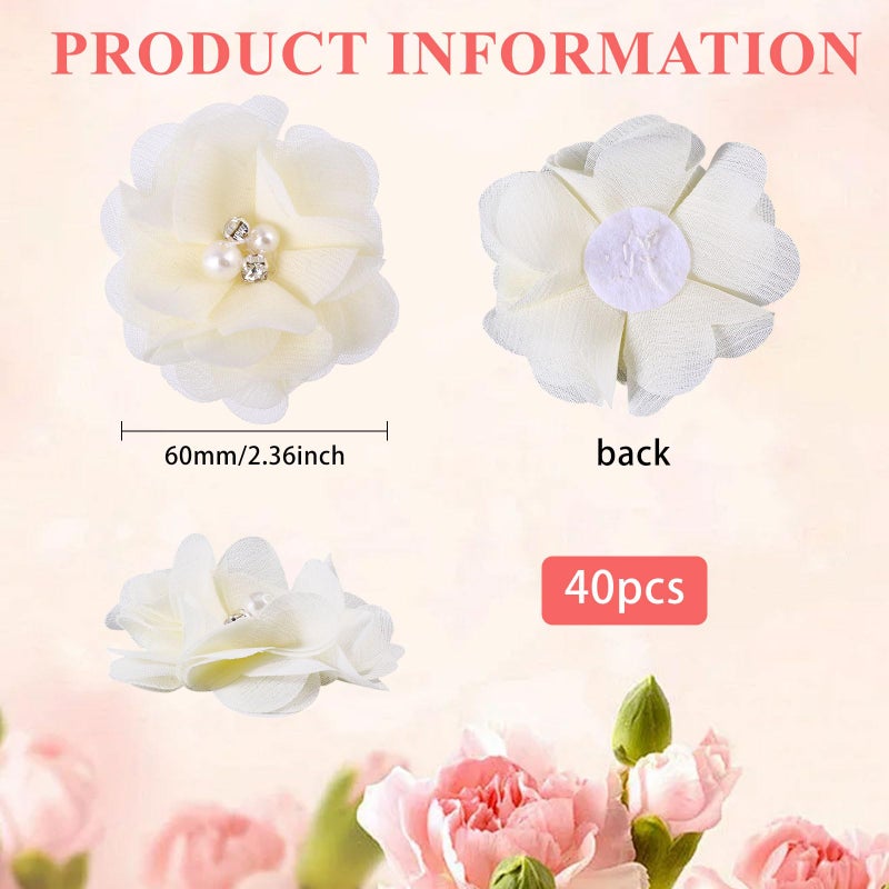 beinkmake 40Pcs Rhinestone Pearl Chiffon Flowers Sewing Fabric Appliques for Clothing Light Yellow Fabric Flowers DIY Hair Dressing Accessories for Women, Diameter 2.36 in - Image 2