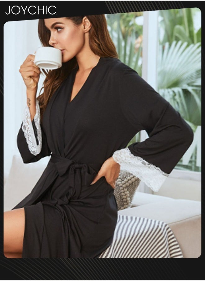 Autumn and Winter Casual Women's Long-sleeved Nightgown Lace Cuff Design Long Sleep Robe V-neck Comfortable Sleepwear with Adjustable Belt Black - pzsku/ZE6CCAE06D2B8588F0206Z/45/_/1734591176/1f69e58e-100e-4bd7-9879-3289b314a688