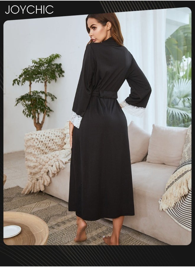 Joychic Autumn and Winter Casual Women's Long-sleeved Nightgown Lace Cuff Design Long Sleep Robe V-neck Comfortable Sleepwear with Adjustable Belt Black  - Image 2