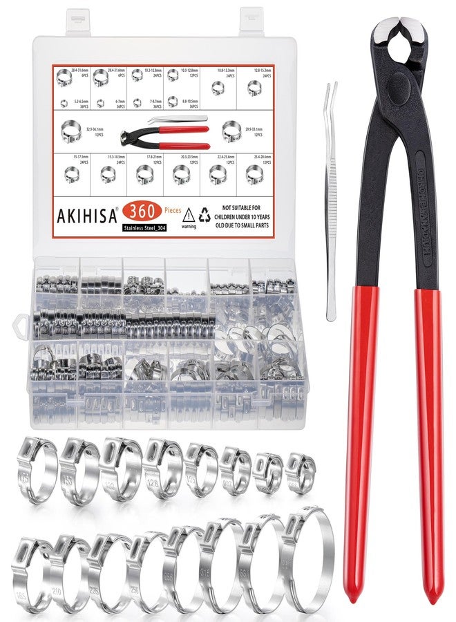 AKIHISA 360pcs 16 Sizes Single Ear Hose Clamps, 5.3-36.1mm Stainless Steel_304 Crimp Hose Clamps Cinch Rings Assortment Kit for Automotive, Pipe, Plumbing - Image 1