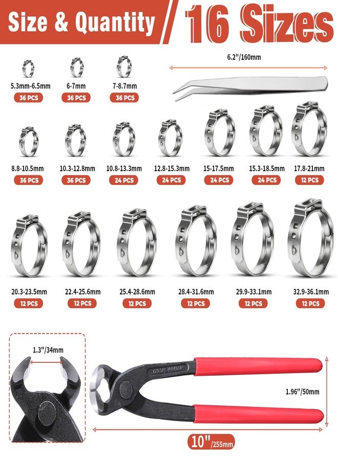 AKIHISA 360pcs 16 Sizes Single Ear Hose Clamps, 5.3-36.1mm Stainless Steel_304 Crimp Hose Clamps Cinch Rings Assortment Kit for Automotive, Pipe, Plumbing - Image 2