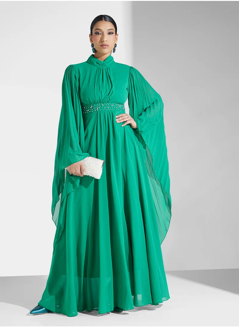 Khizana Pleated Dress With Exaggerated Flare Sleeves