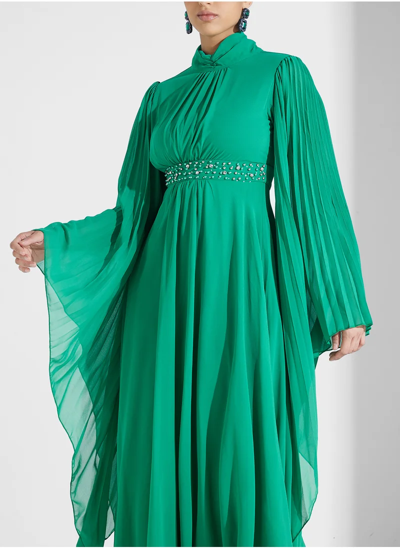 Khizana Pleated Dress With Exaggerated Flare Sleeves