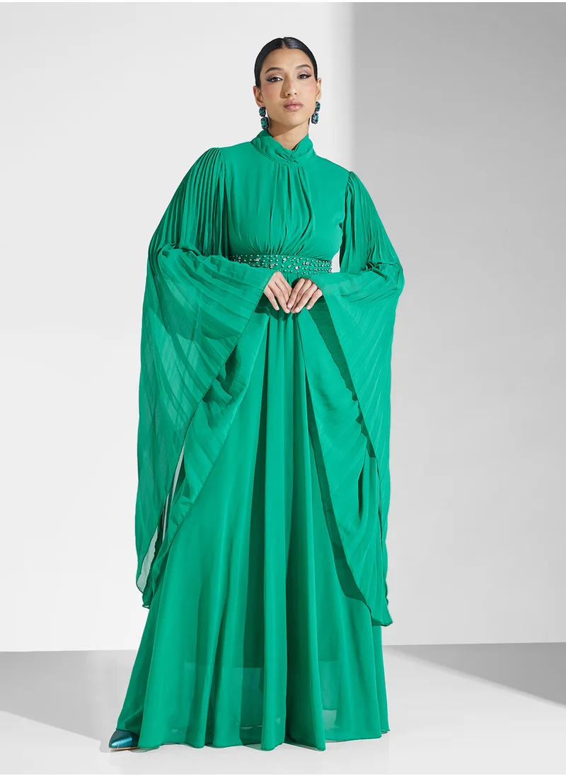 Khizana Pleated Dress With Exaggerated Flare Sleeves