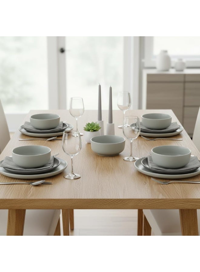 Shallow Nordic 12 Piece Stoneware Dinner Set, Serves 4 people, includes 4 x 10.5" Dinner Plates, 4 x 7.5" Salad plates, 4 x 5.5" bowls, Elegant Grey - Image 2