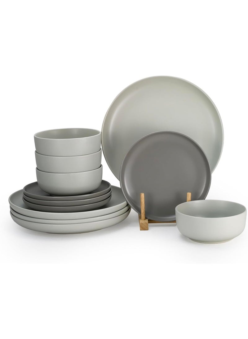 Shallow Nordic 12 Piece Stoneware Dinner Set, Serves 4 people, includes 4 x 10.5" Dinner Plates, 4 x 7.5" Salad plates, 4 x 5.5" bowls, Elegant Grey - Image 1
