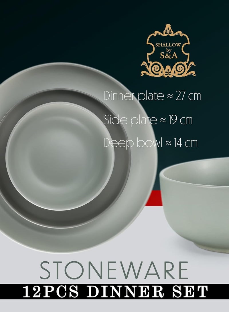 Shallow Nordic 12 Piece Stoneware Dinner Set, Serves 4 people, includes 4 x 10.5" Dinner Plates, 4 x 7.5" Salad plates, 4 x 5.5" bowls, Elegant Grey - Image 3