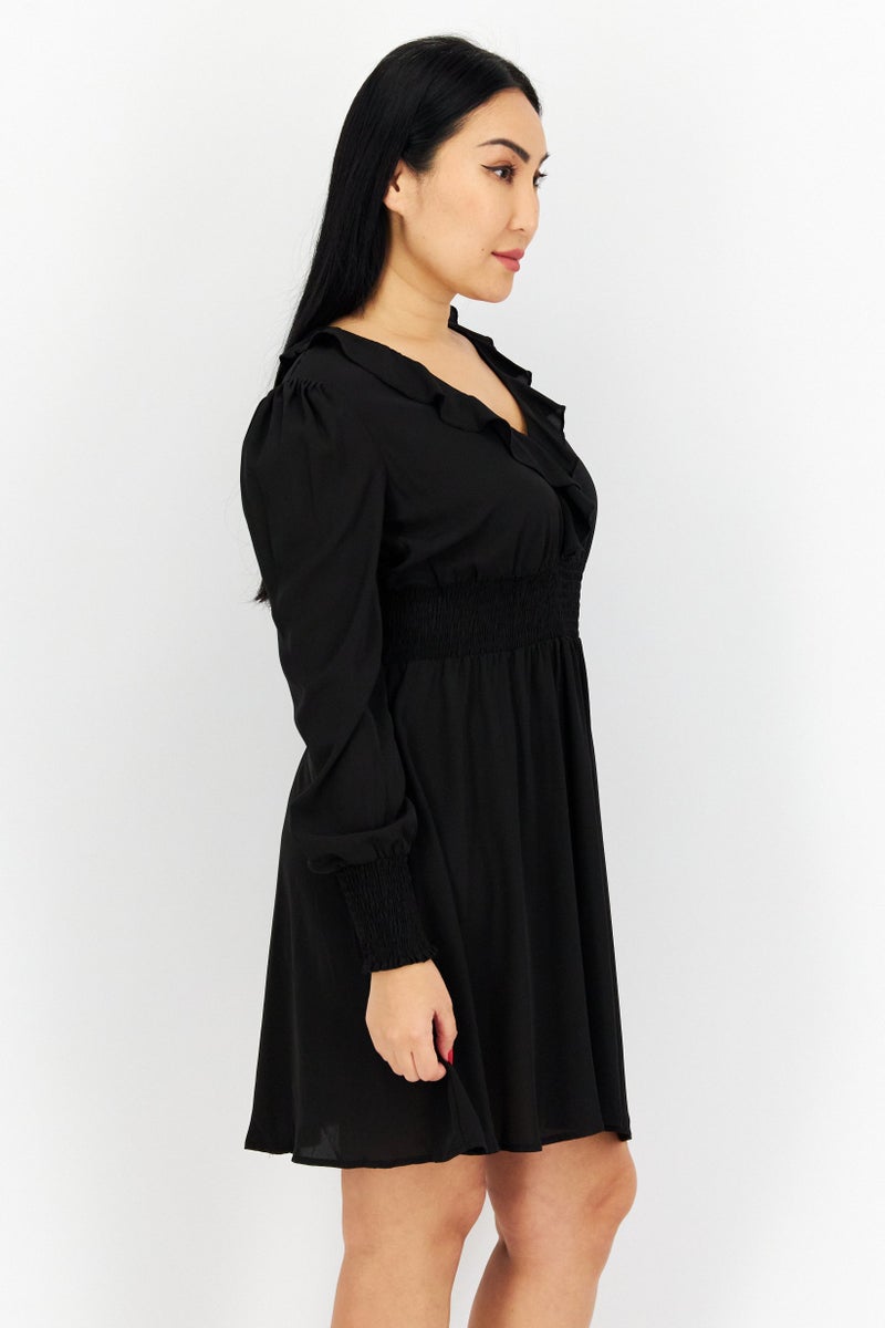 NA-KD Women Ruffle Neck Long Sleeves Textured Mini Dress, Black - Image 2