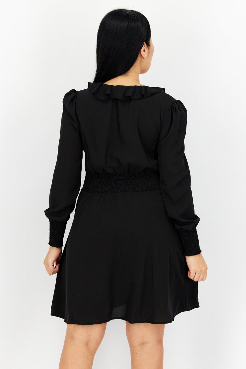 NA-KD Women Ruffle Neck Long Sleeves Textured Mini Dress, Black - Image 3